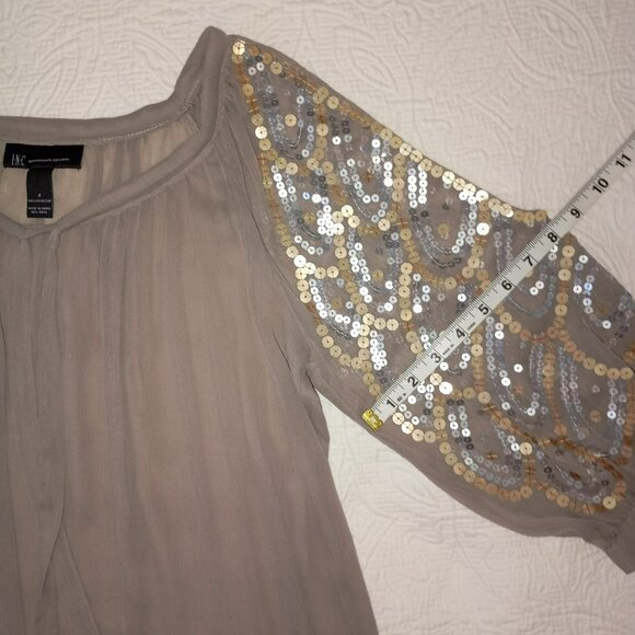 INC Womens Sequin-Embellished Blouse Size 4 Taupe  3/4 Sleeve Bohemia Boho - Picture 9 of 11